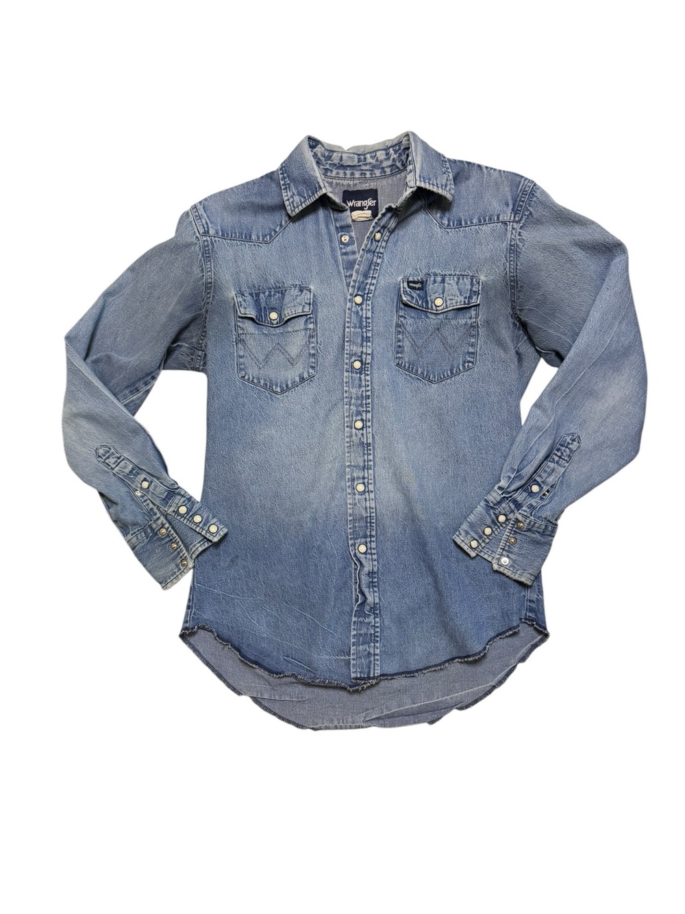 Vintage Wrangler Pearl Snap Denim Western Rancher Shirt Size S?